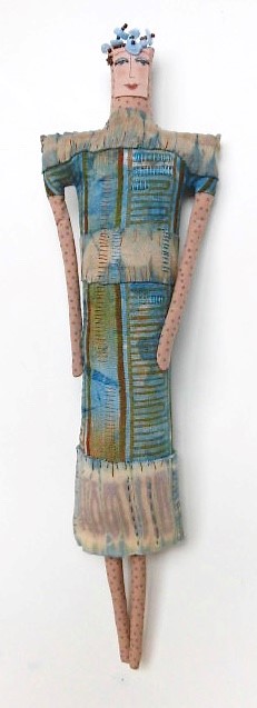 Woman in Blue, discharge printed, embroidered, beaded (5-15-18) $200